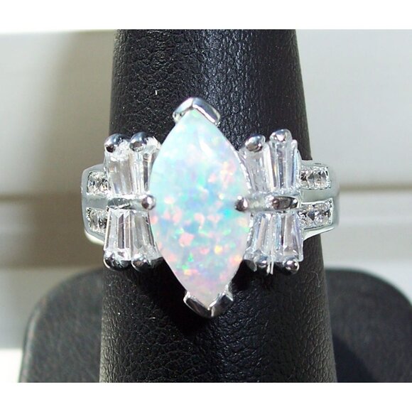 925 STERLING SILVER Marquise Lab Created White Fire Opal & CZ Ring - Picture 14 of 14